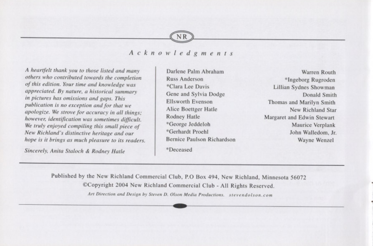 Acknowledgements, scanned from the New Richland Sportsmanship, Teamwork, and Friends booklet.