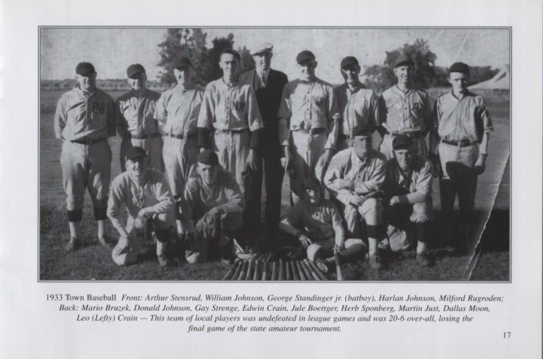 Town Baseball 1933, scanned from the New Richland Sportsmanship, Teamwork, and Friends booklet.