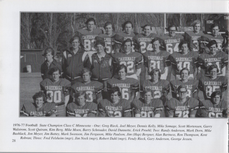 Football State Champion Class 1976-77. Photo 1, scanned from the New Richland Sportsmanship, Teamwork, and Friends booklet.