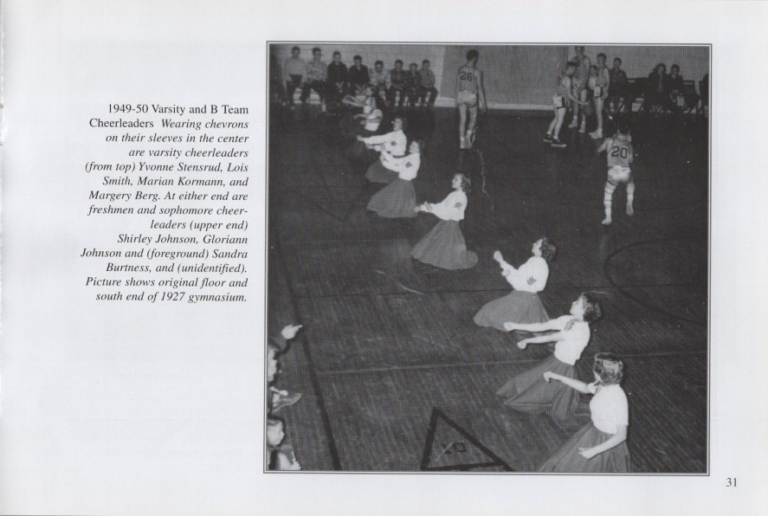 Varsity and B Team Cheerleaders 1949-50, scanned from the New Richland Sportsmanship, Teamwork, and Friends booklet.
