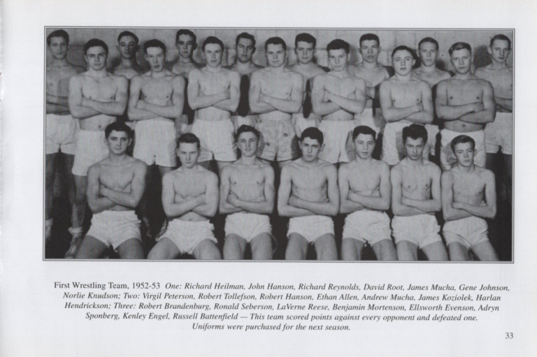 1st Wrestling Team 1952-53, scanned from the New Richland Sportsmanship, Teamwork, and Friends booklet.