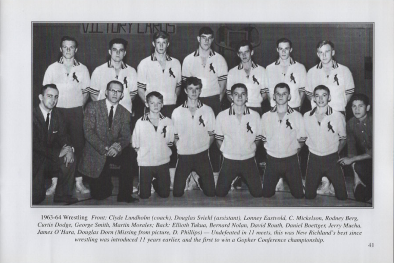 Wrestling 1963-64, scanned from the New Richland Sportsmanship, Teamwork, and Friends booklet.