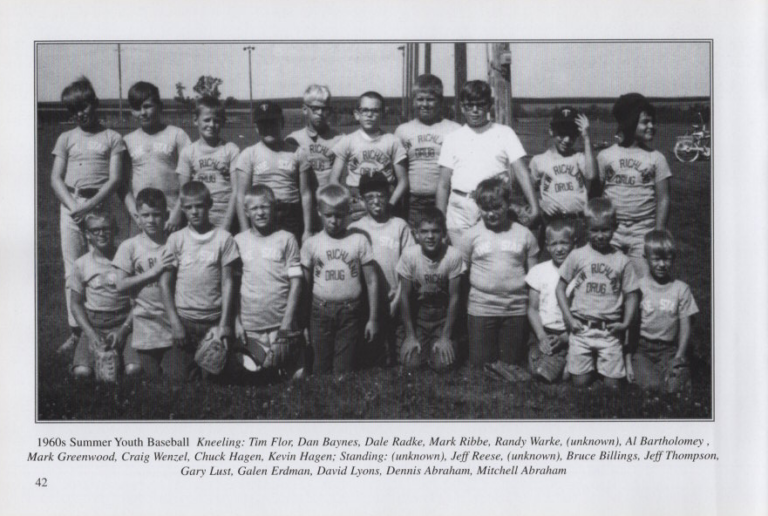 Summer Youth Baseball 1960s, scanned from the New Richland Sportsmanship, Teamwork, and Friends booklet.