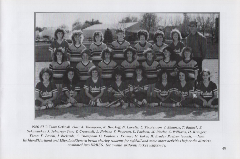 Softball B Team 1986-87, scanned from the New Richland Sportsmanship, Teamwork, and Friends booklet.
