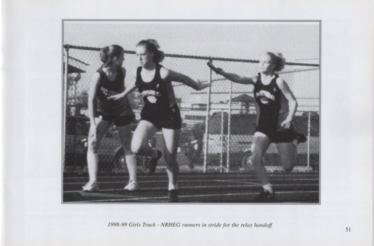 Girls Track 1998-99, scanned from the New Richland Sportsmanship, Teamwork, and Friends booklet.