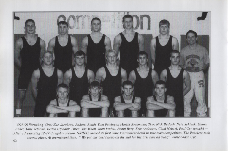 Wrestling 1998-99, scanned from the New Richland Sportsmanship, Teamwork, and Friends booklet.